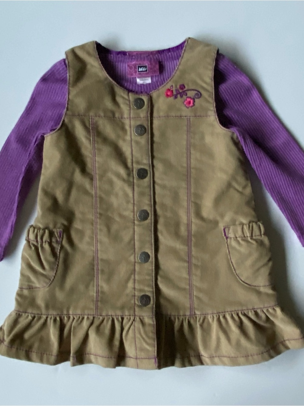 REI dress size 12 months beige corduroy jumper purple shirt baby girls EUC